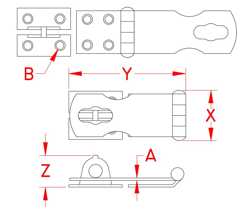 Stainless Steel Safety Hasp, S3853-0001, Line Drawing